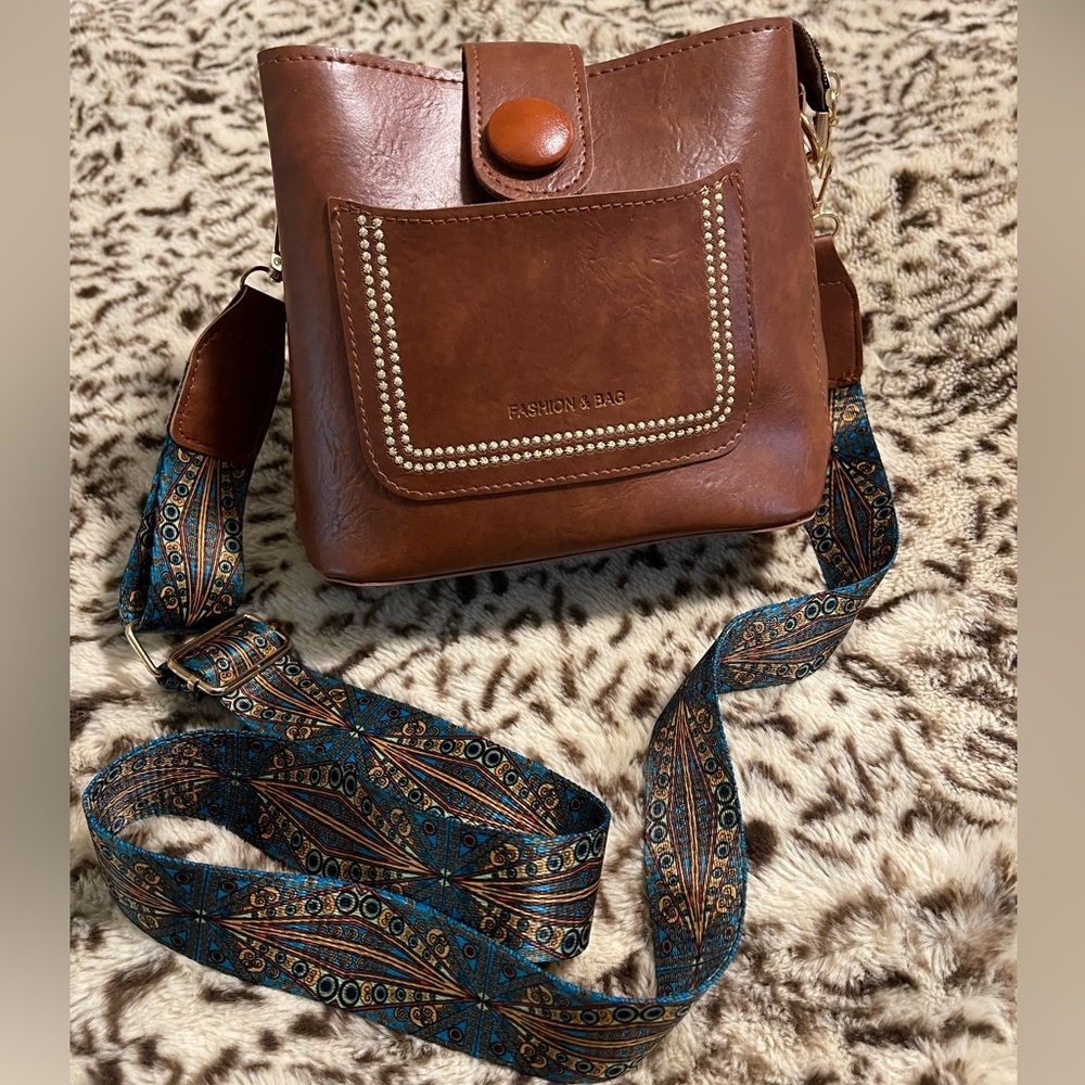 Fashion Bug Tan Shoulder Bag with Blue Patterned Strap